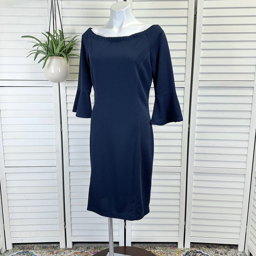 Yoana Baraschi Blue Textured Sheath Dress 3/4 Bell Sleeve Womens Size L